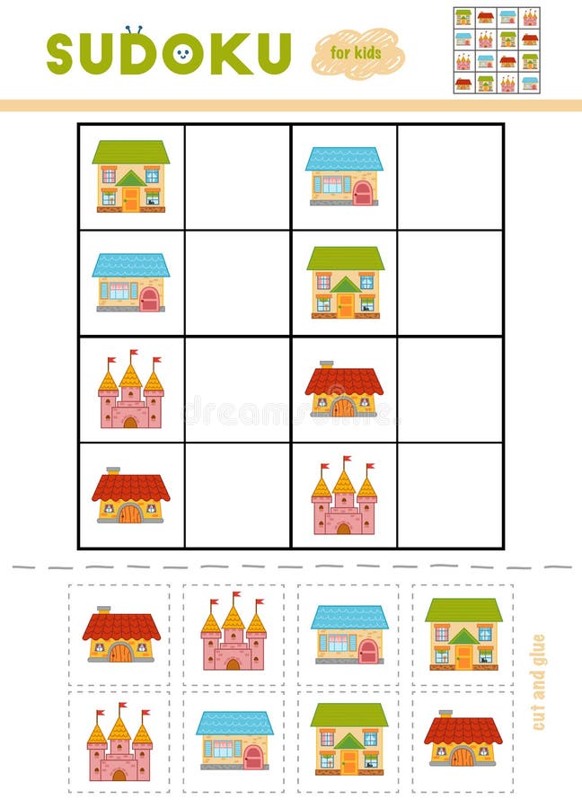 Sudoku für Kinder, Bildungsspiel Karikaturschloss und -häuser vektor abbildung Sudoku für Kinder, Bildungsspiel Karikaturschloss und -häuser vektor abbildung