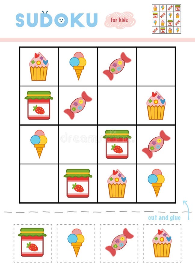Sudoku für Kinder, Bildungsspiel Satz süßes Lebensmittel stock abbildung Sudoku für Kinder, Bildungsspiel Satz süßes Lebensmittel stock abbildung