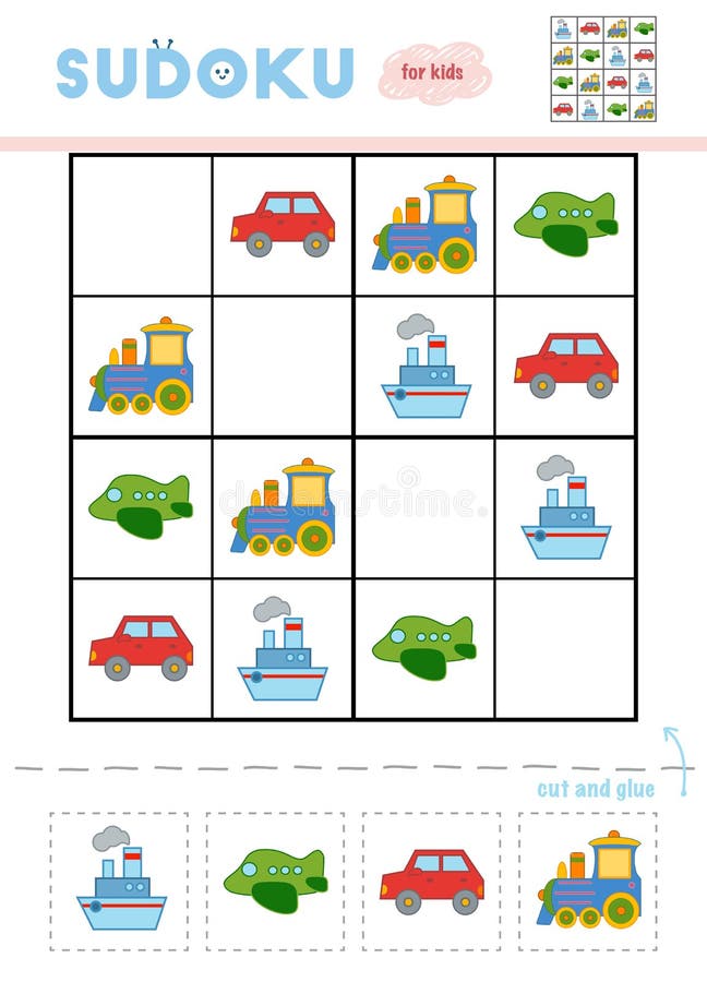 Sudoku für Kinder, Bildungsspiel Satz Transportgegenstände stock abbildung Sudoku für Kinder, Bildungsspiel Satz Transportgegenstände stock abbildung