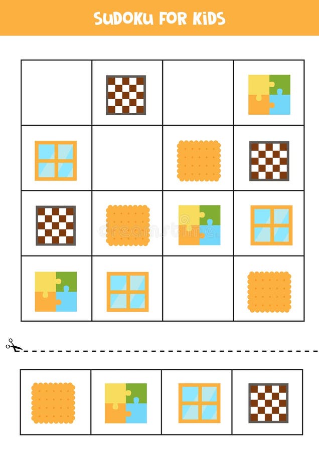  Sudoku Juego Para Niños Con Dibujos Animados Cuadrado Objetos. Ilustración del Vector