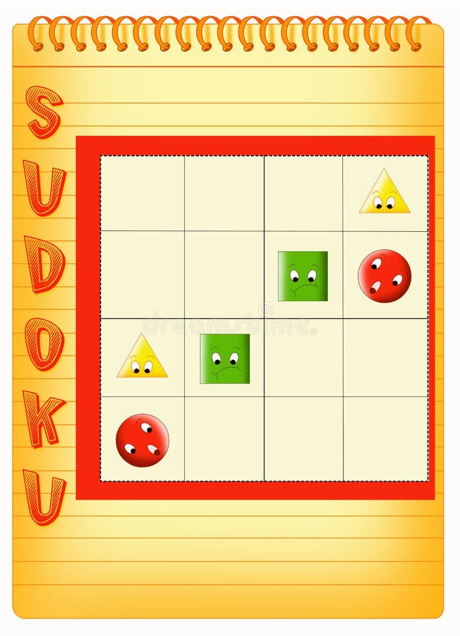 Color illustration of a Sudoku for kids where you must fill the grid so that every row, every column and every box contains a symbol once