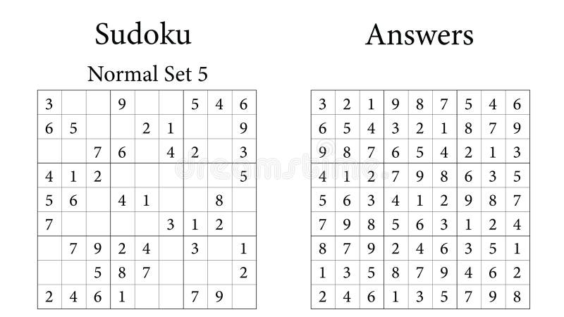 Sudoku Puzzle 9x9 Set 5 Normal with Answers, Fun Brain Training Game for Kids, Teens and Adults, Vector stock illustration