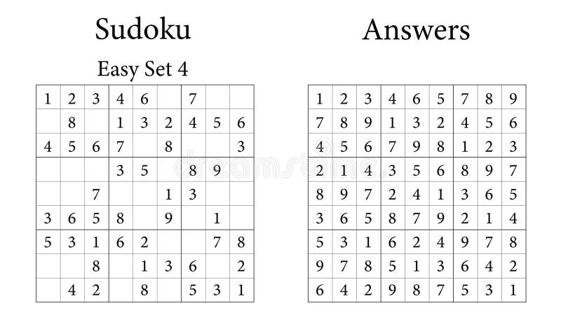 Sudoku Puzzle 9x9 Set 4 Very Easy with Answers for Kids, Teens and Adults vector illustration