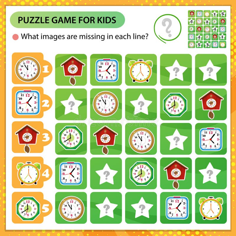 Sudoku Puzzle What Images Are Missing In Each Line Watches Alarm Clock Wall Clock With Cuckoo Electronic Timepiece Logic Stock Vector Illustration Of Printable Pastime 202082307