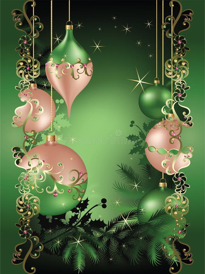A dreamlike Christmas decorative background, with pink and green ornaments hanging from the top. A dreamlike Christmas decorative background, with pink and green ornaments hanging from the top