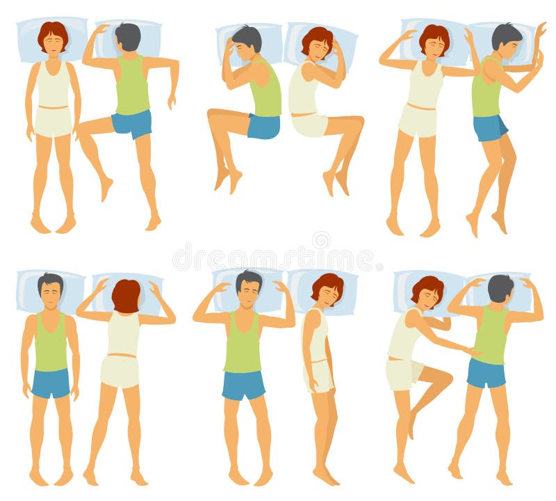 Sueño del hombre y de la mujer, actitudes el dormir de los pares en la colección del vector de la cama stock de ilustración Sueño del hombre y de la mujer, actitudes el dormir de los pares en la colección del vector de la cama stock de ilustración