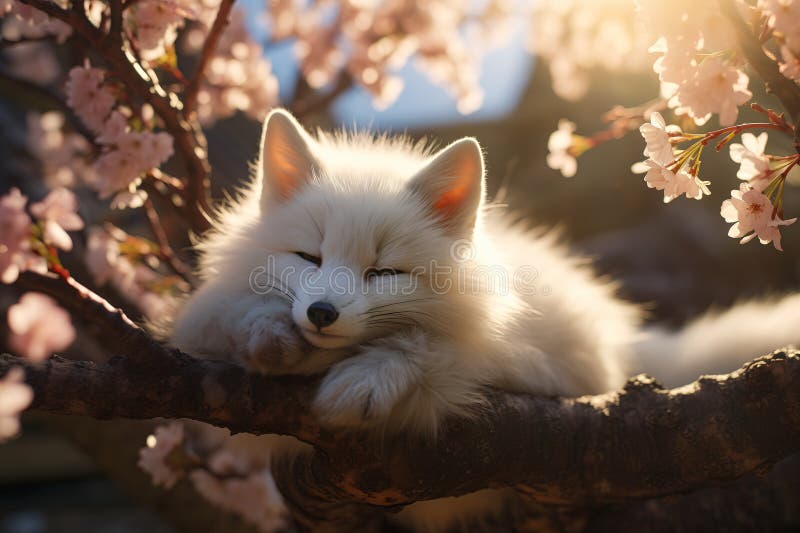 Sueños ondulados : una escena serena de un perro blanco durmiendo bajo una prueba. En un rincón tranquilo del zoo, un perro blanco duerme sórdido bajo un árbol adornado con delicadas flores rosas. mientras el sol cálido brilla por debajo un zorro adorable deambula por su perfil ártico destacándose contra la vegetación exuberante. el conjunto parece sacado de un libro de cuentos con un diseño muy limpio y ordenado. a lo lejos un búho sabio se perfila sobre una rama, con sus plumas suaves y espantadas, un aire generativo