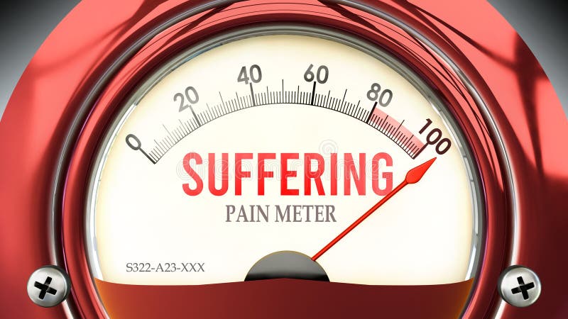 Suffering and Pain Meter that is in full, hitting the end of the scale, showing an extremely high level of suffering, overload of it, too much of it. Maximum value, off the charts. . Suffering and Pain Meter that is in full, hitting the end of the scale, showing an extremely high level of suffering, overload of it, too much of it. Maximum value, off the charts. .