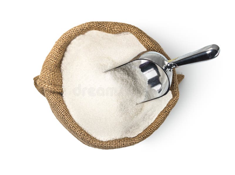 Sugar in a Sack Isolated on a White Background. White Sugar in Burlap
