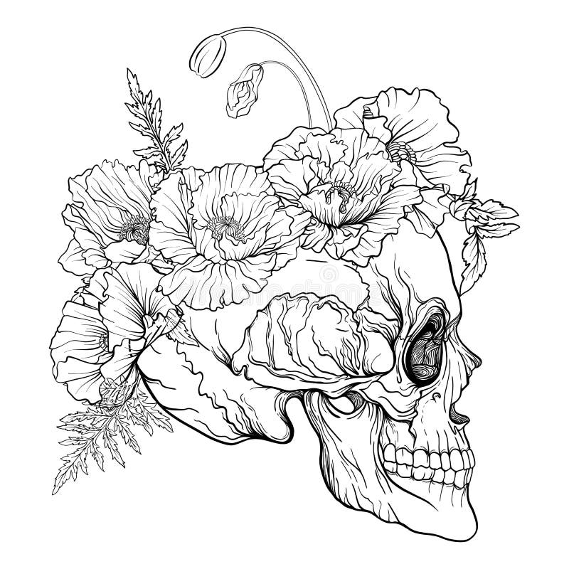 sugar skull with decorative pattern and a wreath of red