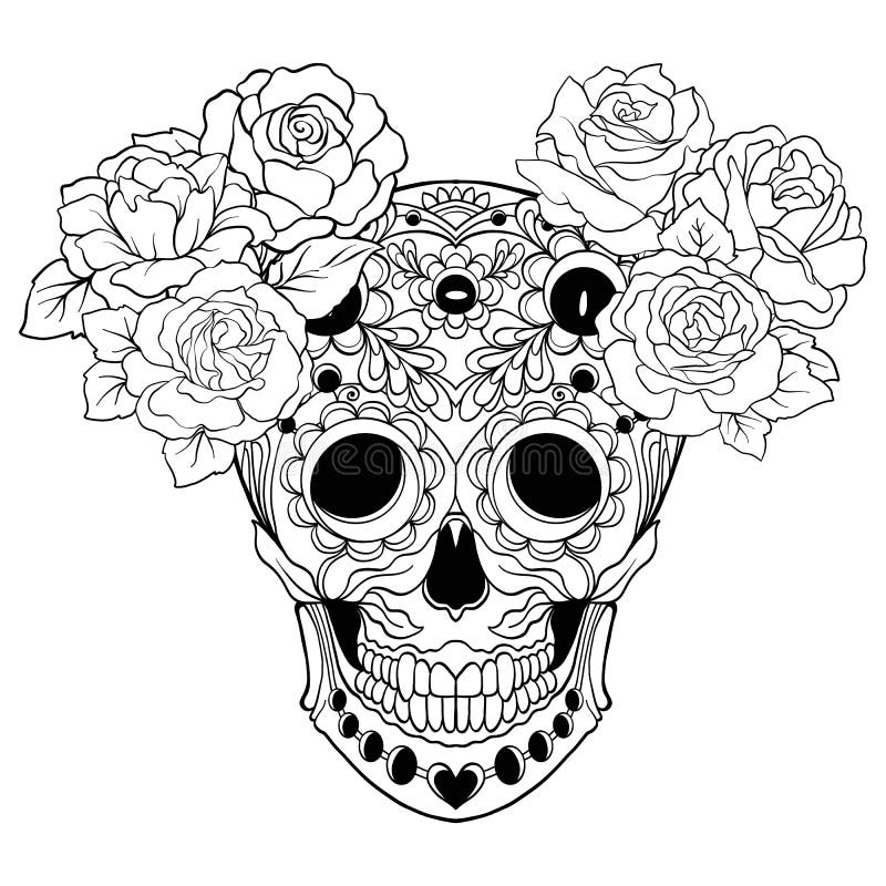 sugar skull with decorative pattern and a wreath of red