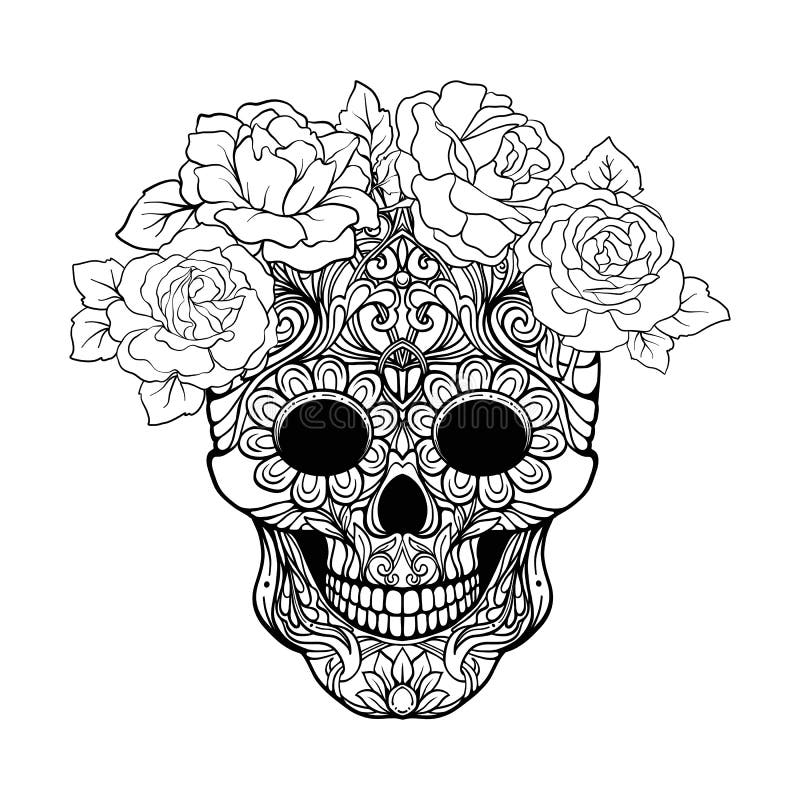 Sugar Skull With Decorative Pattern And A Wreath Of Red Roses. S Stock  Vector - Illustration Of Calavera, Floral: 99743033