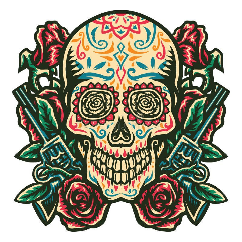 sugar skull and flowers drawing