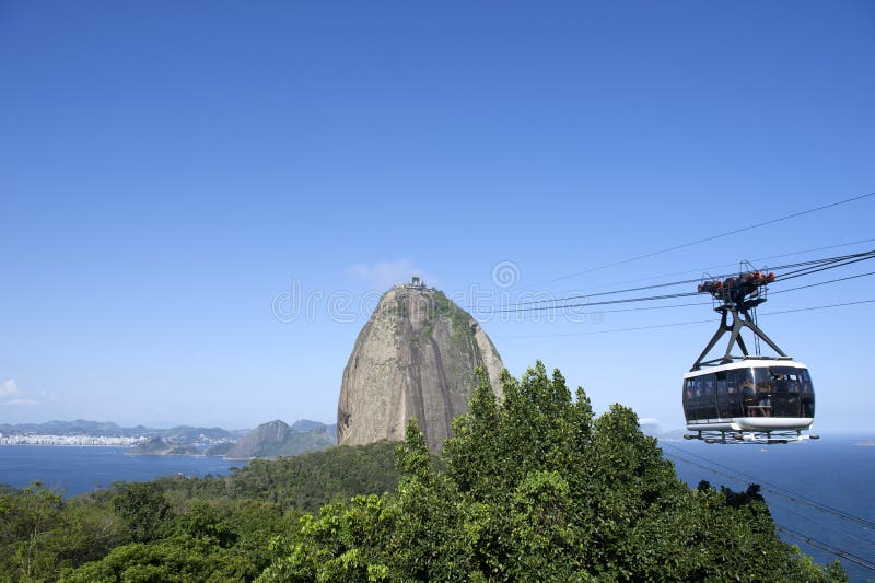 Azúcar montana brasil cabina del teleférico cielo azul.