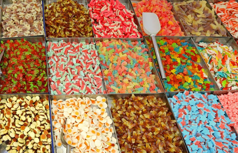 Many Sugary Candy and Chewy for Sale in Candy Stall in the Local Stock