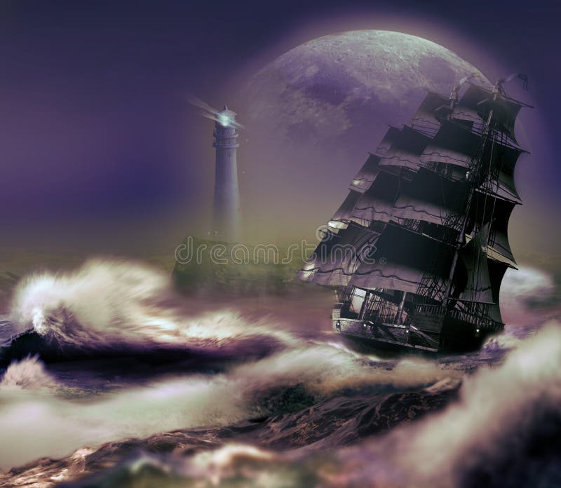 Ship reaching the coast under a big Moon