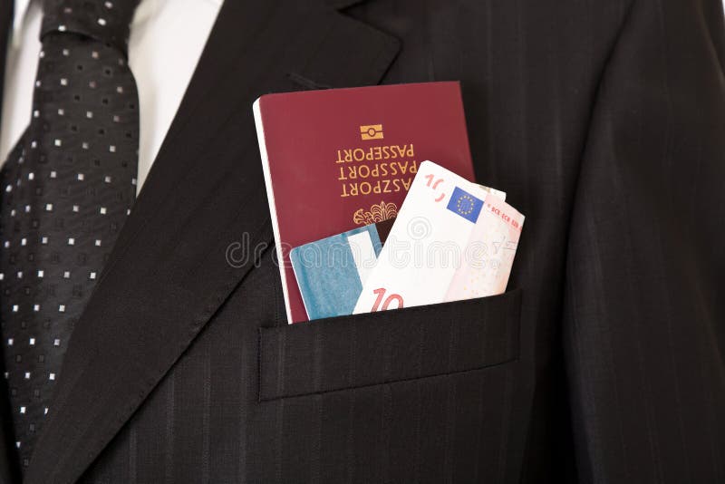 Suit with passport, money and credit card