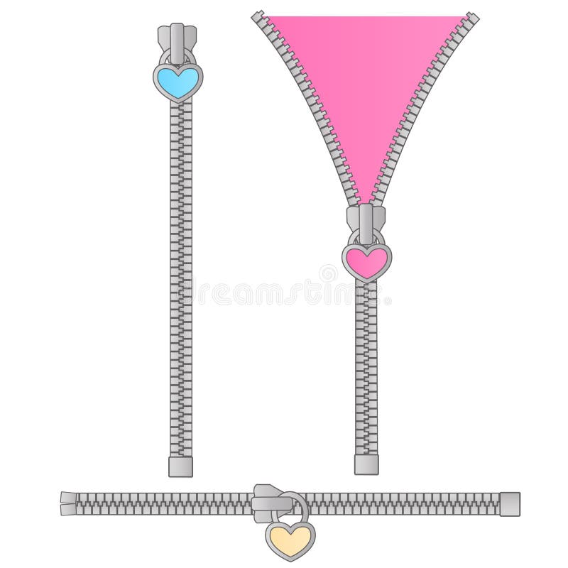 Cute vector set of zippers in the form of a small pink, blue, yellow heart.