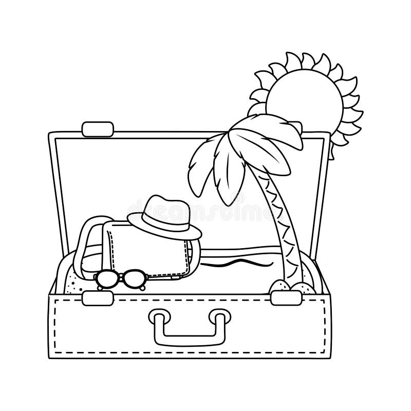 Suitcase Cartoon Summer and Travel in Black and White Stock Vector ...