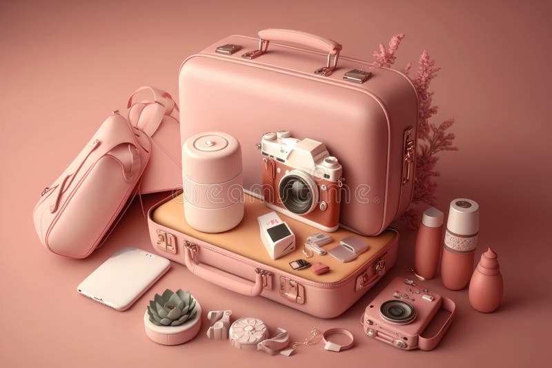 Suitcase Full of Landmarks and Travel Accessory on Pink Background. AI