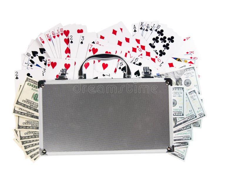 suitcase Casino gambling chips and playing cards american hundred dollar isolated on white. suitcase Casino gambling chips and playing cards american hundred dollar isolated on white