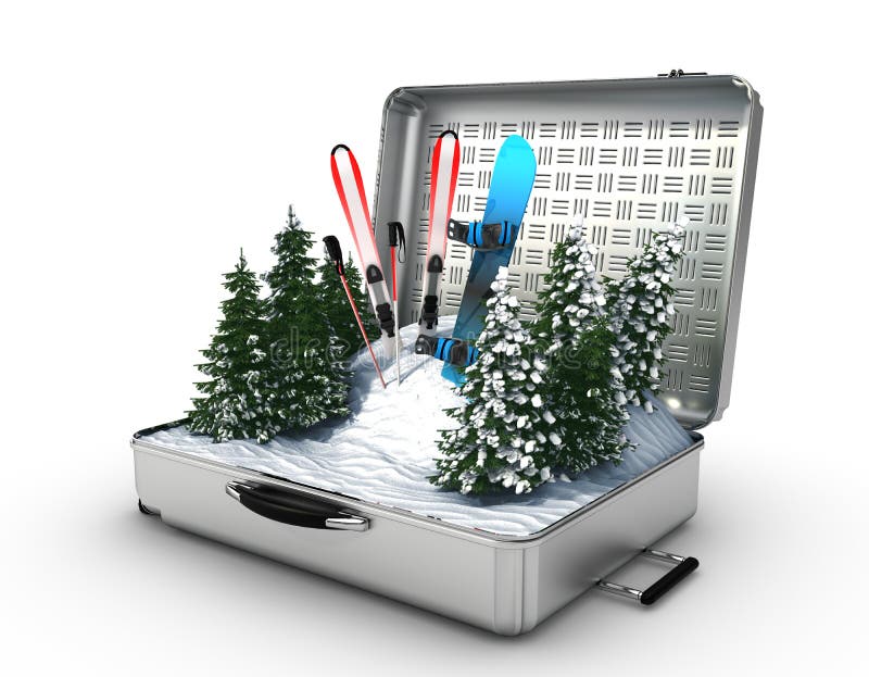 Suitcase Ski and Snowboard with Snow Inside Stock Illustration