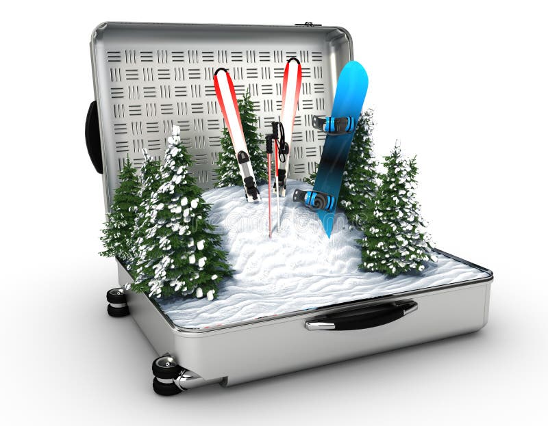 Suitcase Ski and Snowboard with Snow Inside Stock Illustration