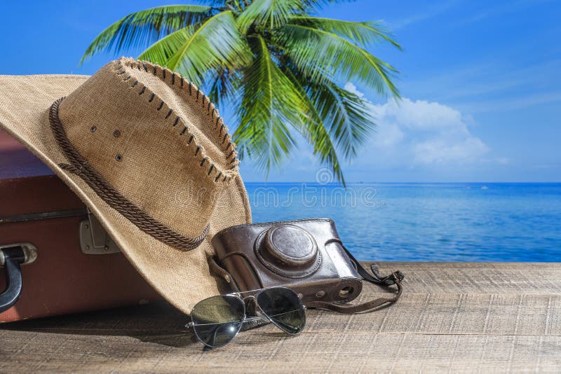 Suitcase, sun hat, photo camera and sunglasses with sea water, coconut palm tree and blue sky background on sunny summer day in