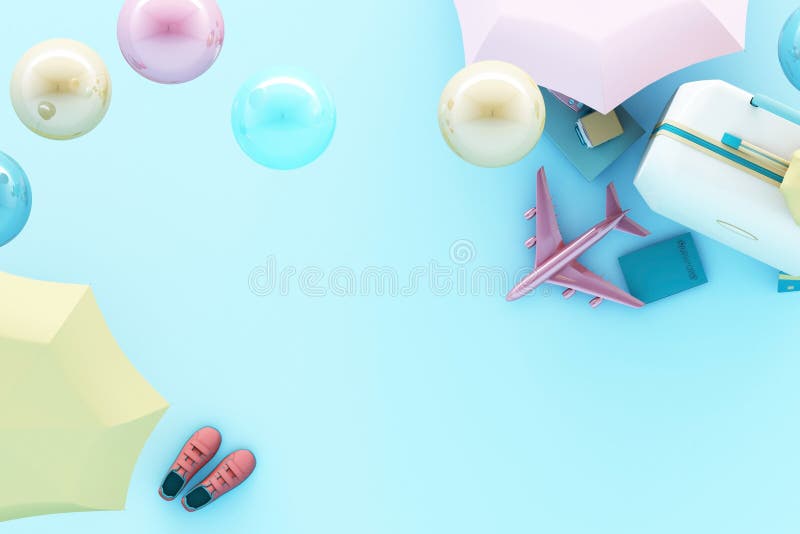 suitcase with traveler accessories on pastel blue background. stock illustration suitcase with traveler accessories on pastel blue background. stock illustration