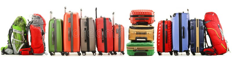 Suitcases and backpacks on white background