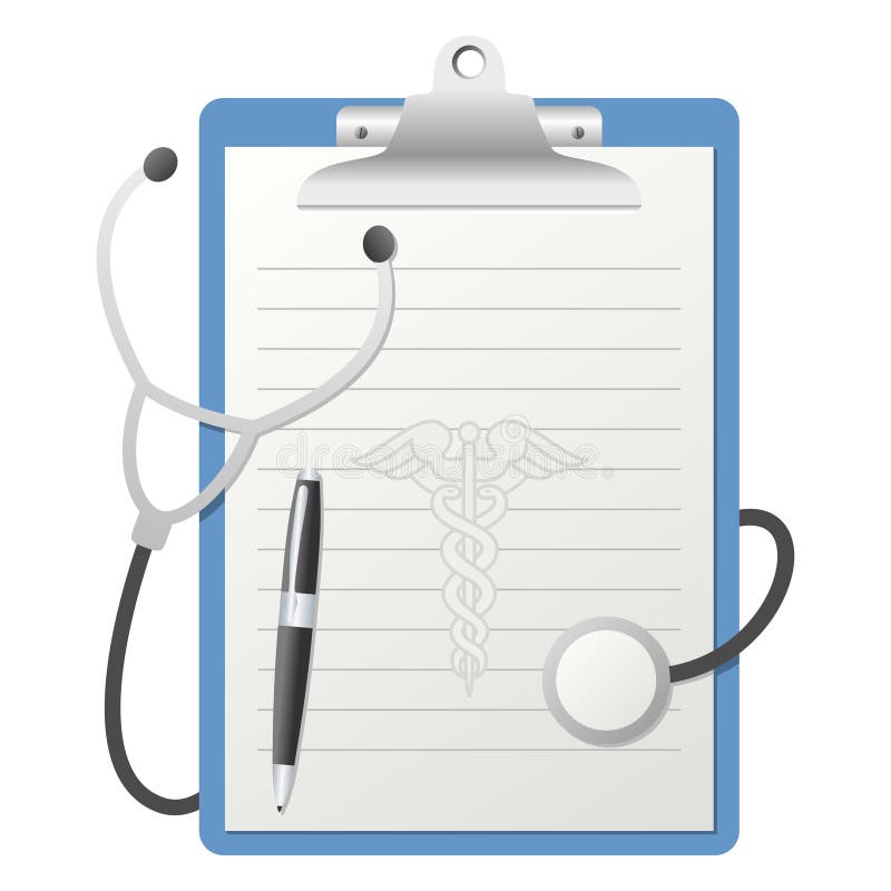 Blue clipboard with blank lined paper, stethoscope, pen and caduceus symbol, isolated on white background. Eps file available. Blue clipboard with blank lined paper, stethoscope, pen and caduceus symbol, isolated on white background. Eps file available.