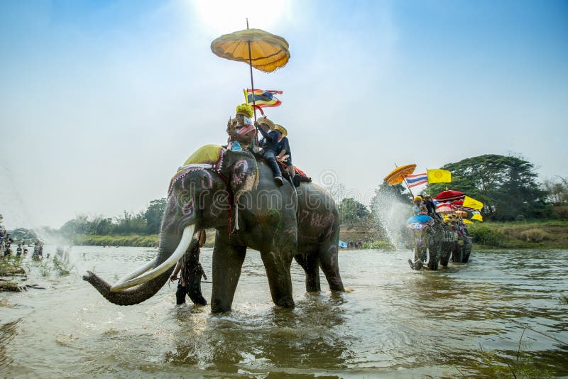 SUKHOTHAI - 2017 APRIL 7 : Sukhothai ordination parade on elephant back festival at Hadsiao Temple,Si Satchanalai from April 7 stock photography SUKHOTHAI - 2017 APRIL 7 : Sukhothai ordination parade on elephant back festival at Hadsiao Temple,Si Satchanalai from April 7 stock photography