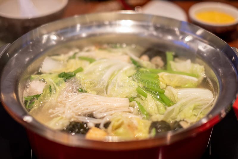 Suki Shabu in vegetable soup, a Japanese nabemono hotpot dish of