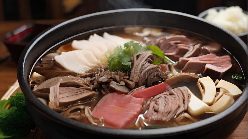 Sukiyaki with thinly sliced beef. Generative AI vector illustration