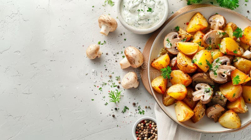 Sukkulente gebratene Kartoffeln und Pilze mit Kräuterquark-Dip auf lebendigem Hintergrund verführen zu kulinarischen Genüssen stock abbildung