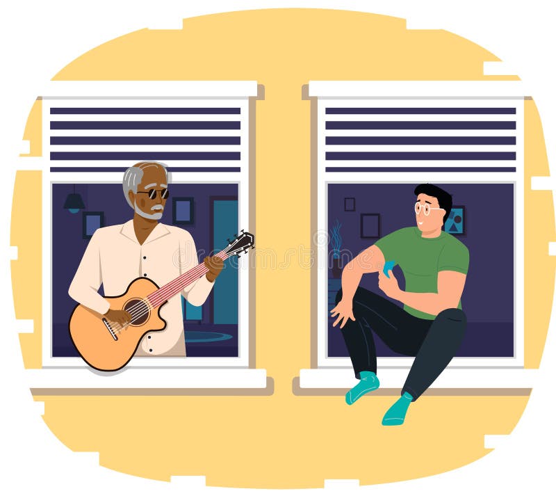 Sul balcone un anziano di moda suona la chitarra. persona canta canzoni per ragazzo. l'adolescente ascolta della musica illustrazione di stock