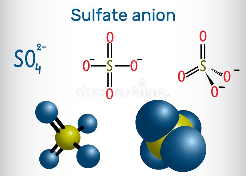 Sulfate anion sulphate molecule . Structural chemical formula and molecule model. Vector illustration