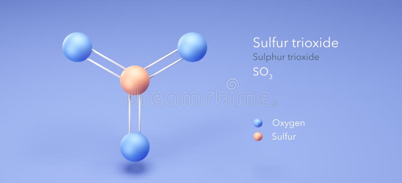 sulfur trioxide, molecular structures, Sulphur trioxide, 3d model, Structural Chemical Formula and Atoms with Color Coding stock illustration