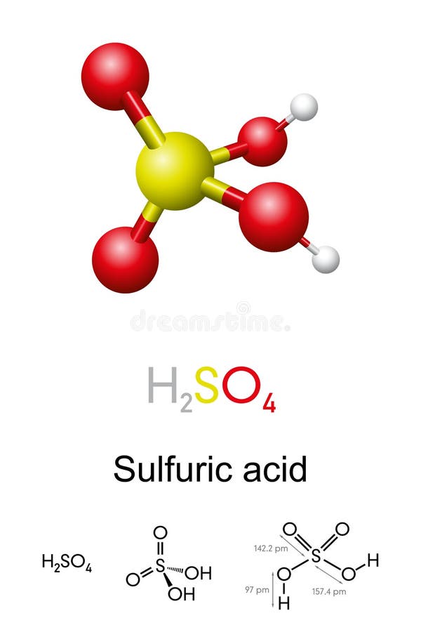 Sulfuric acid, H2SO4, ball-and-stick model, molecular and chemical formula vector illustration