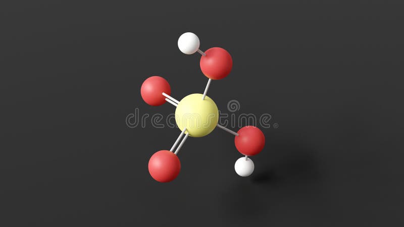 sulfuric acid molecule, molecular structure, mineral acid, ball and stick 3d model, structural chemical formula with colored atoms stock illustration