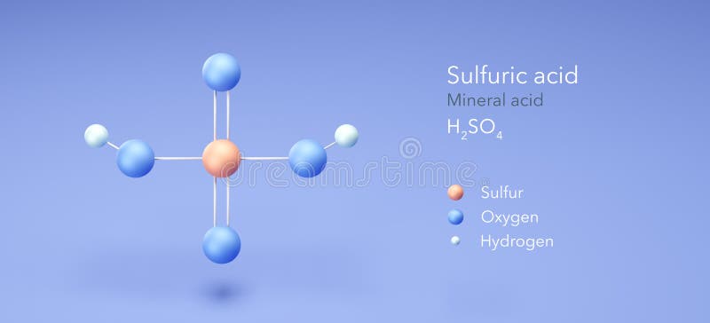 sulfuric acid molecule, molecular structures, sulphuric acid, 3d model, Structural Chemical Formula and Atoms with Color Coding royalty free illustration