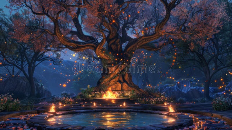 On the Elemental Altar a grand tree stands tall in the center its gnarled branches reaching towards the sky. At its base a fire pit . . AI generated. On the Elemental Altar a grand tree stands tall in the center its gnarled branches reaching towards the sky. At its base a fire pit . . AI generated