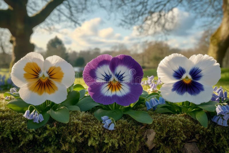 Sulla base di un albero si vedono fiori rosa viola e bianchi di primavera immagine stock