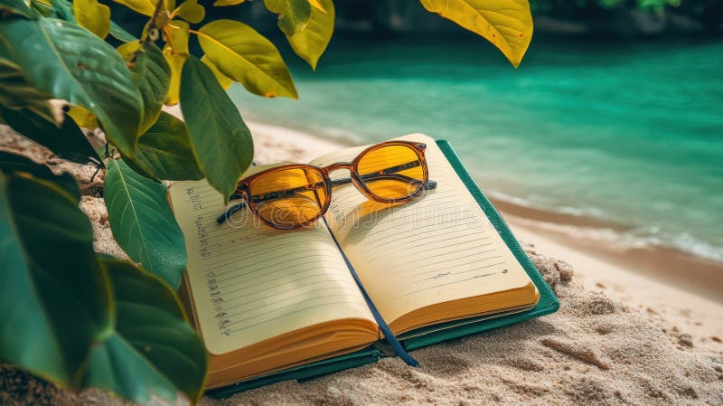 Sulla sabbia giace un libro accompagnato da un paio di occhiali che evoca un'atmosfera serena di lettura sulla spiaggia.. immagine stock
