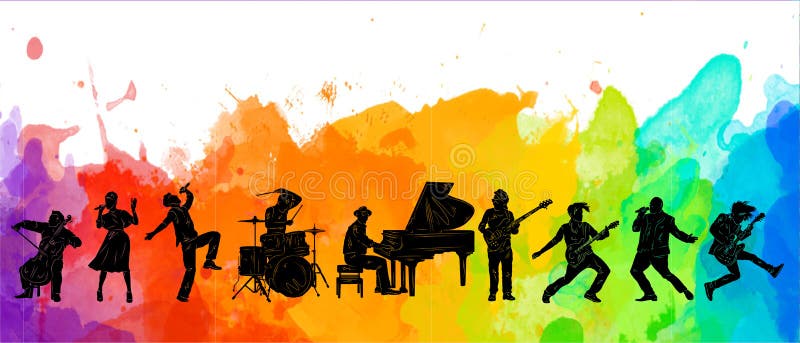Sullo sfondo delle macchie di musicisti, silhouette. gruppo di persone con illustrazione musicale. ritorno di musica royalty illustrazione gratis