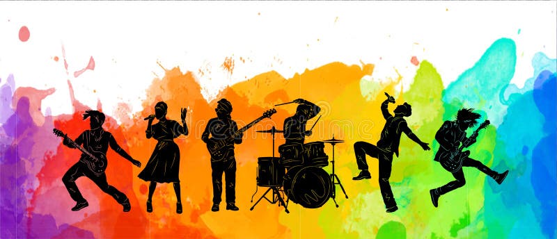 Sullo sfondo delle macchie di musicisti, silhouette. gruppo di persone con illustrazione musicale. ritorno di musica illustrazione vettoriale