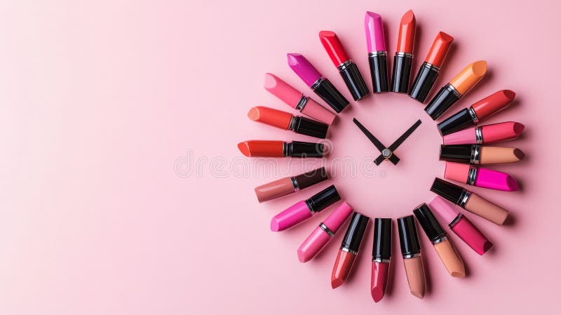 Sullo sfondo di diversi colori viene visualizzato un orologio progettato in modo univoco composto da rossetti immagini stock libere da diritti