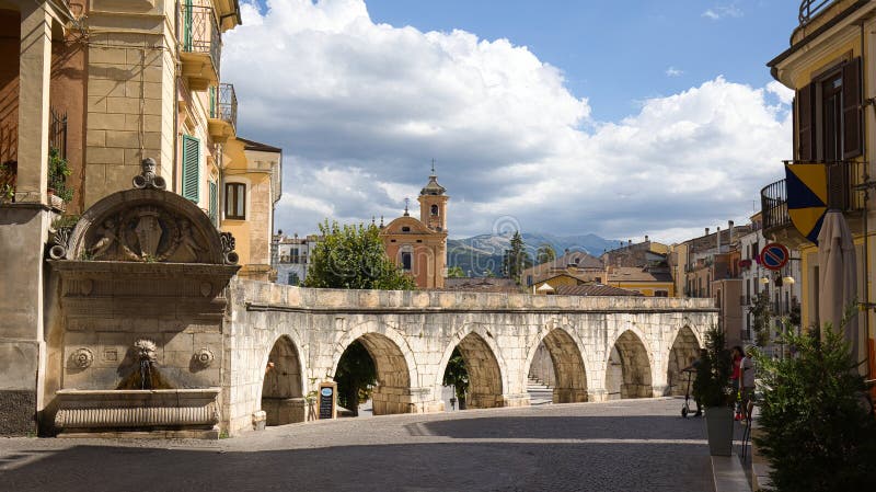 Sulmona, L`Aquila, Italy - 25 August 2022: A medieval aquaduct (Acquedotto Medievale) crosses through the town center. royalty free stock image Sulmona, L`Aquila, Italy - 25 August 2022: A medieval aquaduct (Acquedotto Medievale) crosses through the town center. royalty free stock image