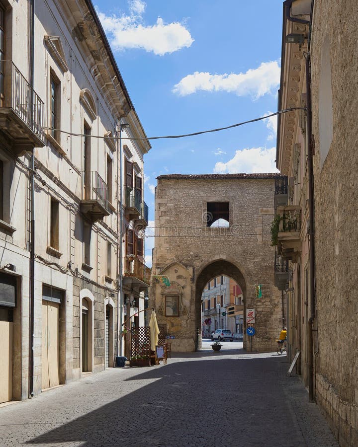 Sulmona, L`Aquila, Italy - 25 August 2022: Porta Napoli is the southern gateway to the medieval town. stock photography Sulmona, L`Aquila, Italy - 25 August 2022: Porta Napoli is the southern gateway to the medieval town. stock photography