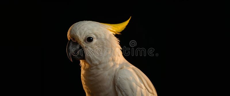 Sulphurcrested Cockatoo Portrait. En majestisk fågel med en gul fjäder på svart bakgrund arkivfoton